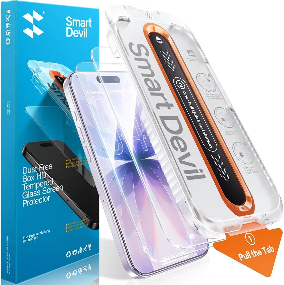 SMARTDEVIL 2 Pack Screen Protector for iPhone 17, 9H Hardness Military Grade Shatterproof HD Clear Tempered Glass, Easy to Install, Auto Bubble-Free and Dust-Free Box, Case Friendly - Product Image