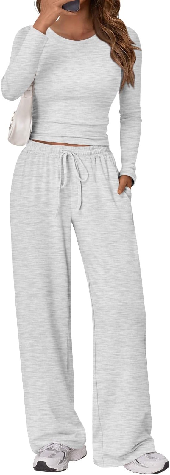 Trendy Queen Women's 2 Piece Matching Lounge Set Long Sleeve Side Ruching Top Wide Leg Drawstring Pants Set with Pockets - Product Image