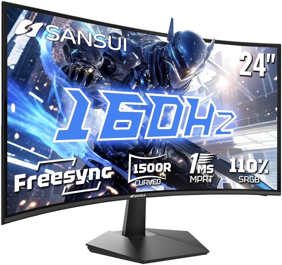SANSUI 24 Inch Curved 160Hz Gaming Monitor,1500R Curved Gaming Monitor FHD 1080P Computer Monitor,MPRT 1ms Fast VA Display,Freesync,HDR,3000:1, HDMI2.0,DP1.4, VESA Support(ES-G24C1L HDMI Cable Incl.) - Product Image