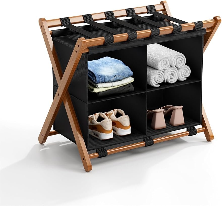 MHACVVO Bamboo Luggage Rack with 4 Storage Compartments, Foldable Suitcase Stand for Guest Room, 150lbs Capacity, Sturdy, Space-Saving and Easy to Assemble Organizer - Product Image