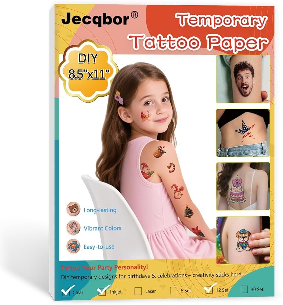 Printable Temporary Tattoo Paper for INKJET Printer, Custom Tattoo Sticker 8.5"X11", DIY Personalized Long-lasting Clear Transfer Paper for Kids, Family, Women, Halloween, Birthday, Parties, Christmas - Product Image