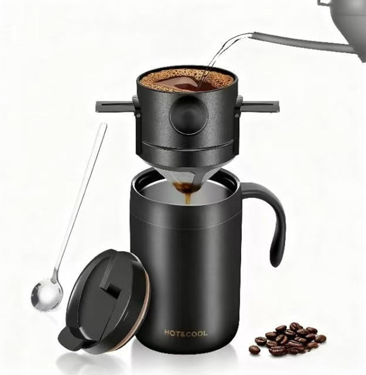 Portable 16oz Pour Over Coffee Maker with Foldable Filter & Stirrer – Insulated Stainless Steel Travel Cup with Lid – No Paper Filter Needed, BPA-Free, Black – For Home, Office, Camping, Backpacking - Product Image