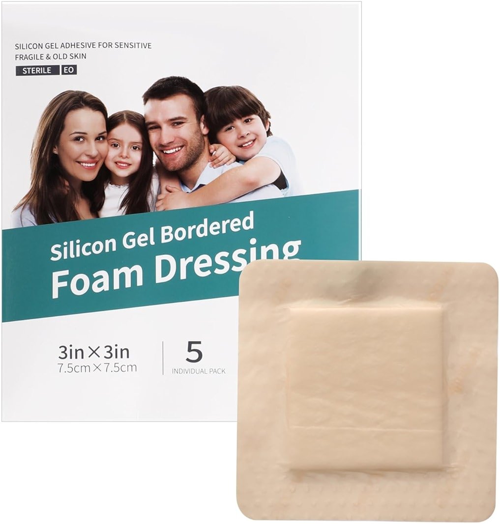 Silicone Foam Dressing with Adhesive Border 5 Pcs 3’’ x 3’’ Wound Dressings Bandage Gentle High Absorbency Waterproof Silicone Foam Pads for Wound Care - Product Image