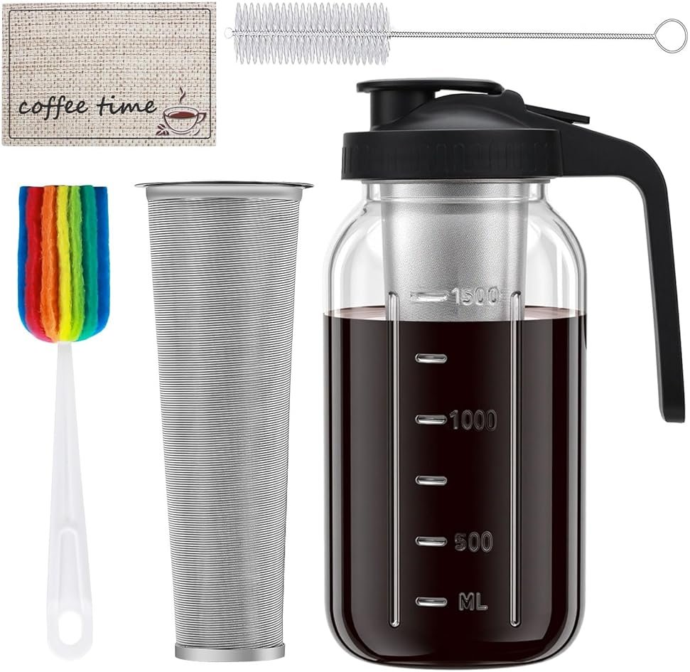 Cold Brew Coffee Maker, 64oz Cold Brew Pitcher with Stainless Steel Filter & Coffee Mat, Glass Cold Brew Mason Jar with Airtight Lid, Cold Brew Brewer Kit Tea Infuser Pitcher, Gifts for Coffee Lovers - Product Image
