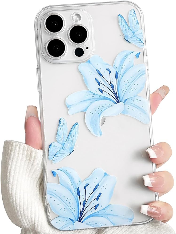 NITITOP Compatible with iPhone 13 Pro Case Clear Cute Butterfly Lily Flower Floral Pattern for Women Girls Full Camera Lens Clear Slim Shockproof Protective Phone Cover - Blue - Product Image