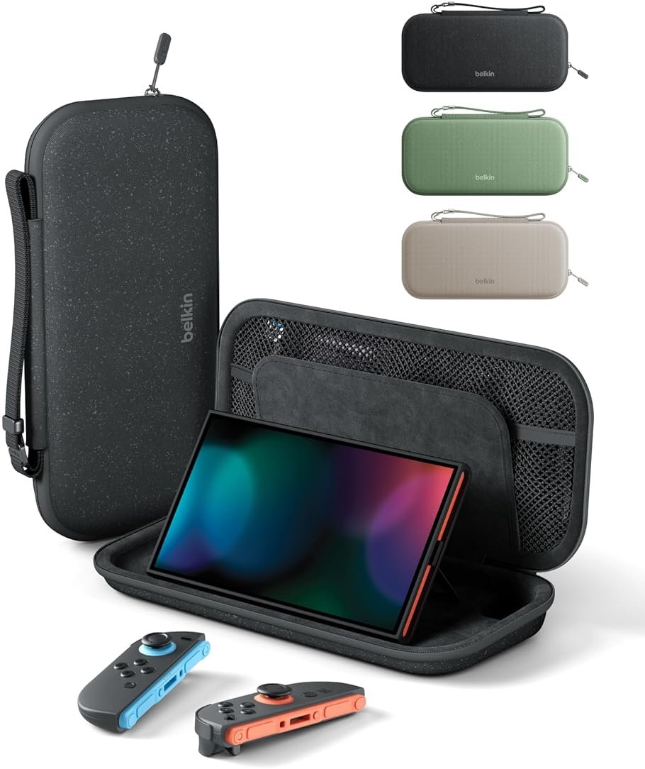 Belkin Nintendo Switch 2 Case, Travel Bag w/AirTag Holder & Storage Pocket for Up to 12 Game Cards - Portable, Lightweight Carrying Case w/Hard Shell, Soft Interior, Switch 2 Accessories - Charcoal - Product Image