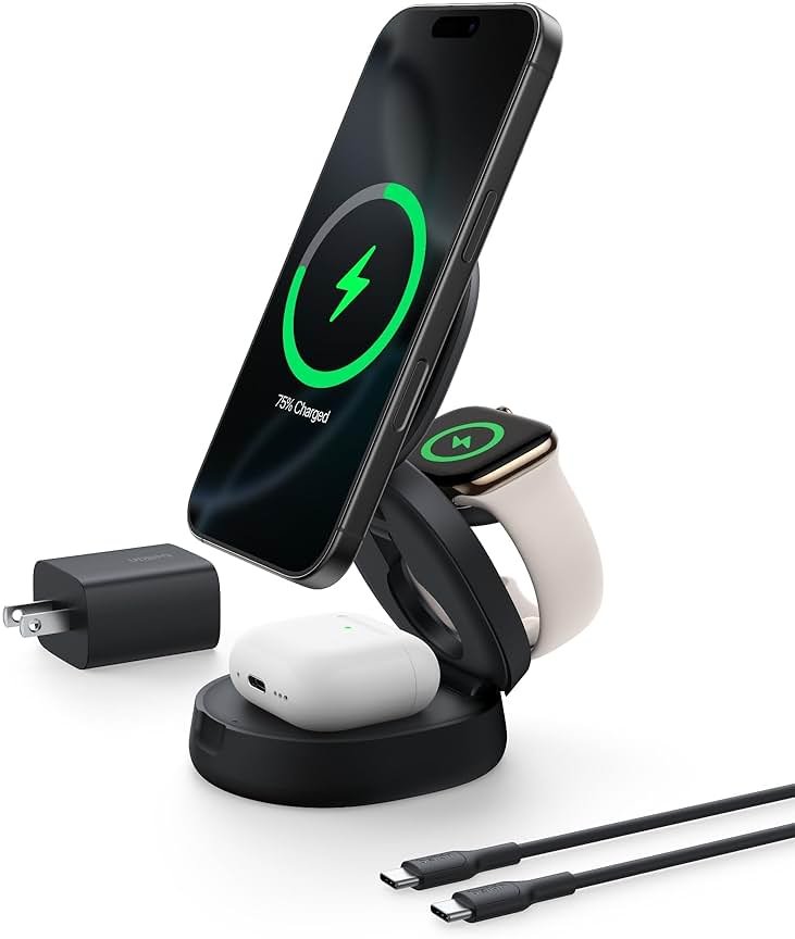 Belkin MagSafe Charger Compatible, 3-in-1 Qi2 15W Wireless Charging Station, Convertible Wireless Charger for iPhone 17, Apple Watch, AirPods, Pixel 10, Phone Stand for Travel w/ 36W Adapter - Black - Product Image