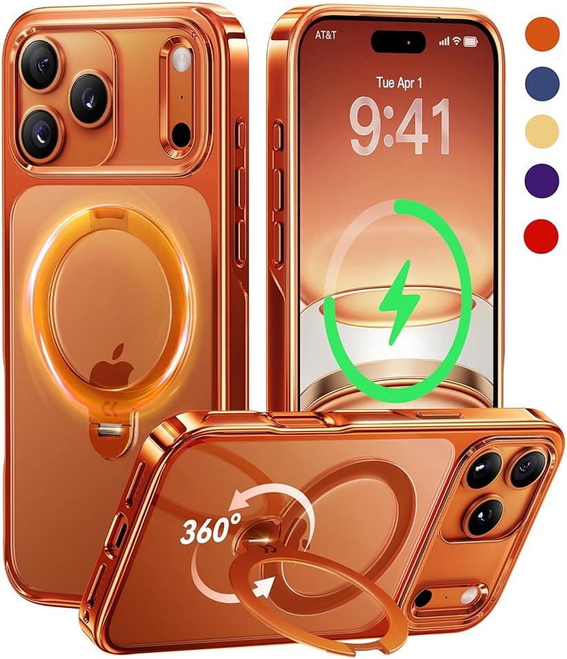 CASEKOO Glossy 360 Spin Magnetic Stand for iPhone 17 Pro Max Case [Fit for MagSafe][17FT Military Protection] Slim Hand-Polished Frame Titanium Alloy Sturdy Stand 6.9", Glossy Cosmic Orange - Product Image