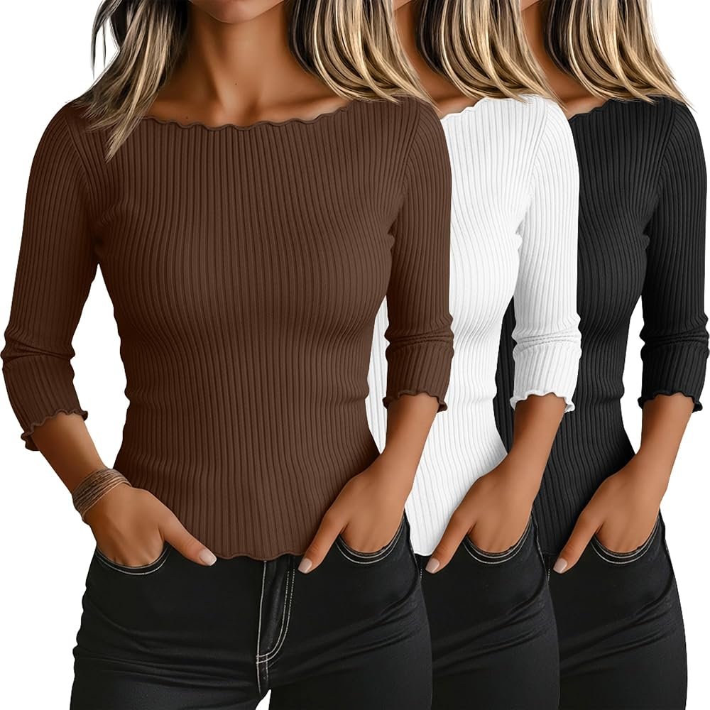 Riyiper 3 Pack Women's 3/4 Length Sleeve Tops Lettuce Trim Ribbed Boat Neck Shirts Half Slim Casual Basic Fitted Tees - Product Image