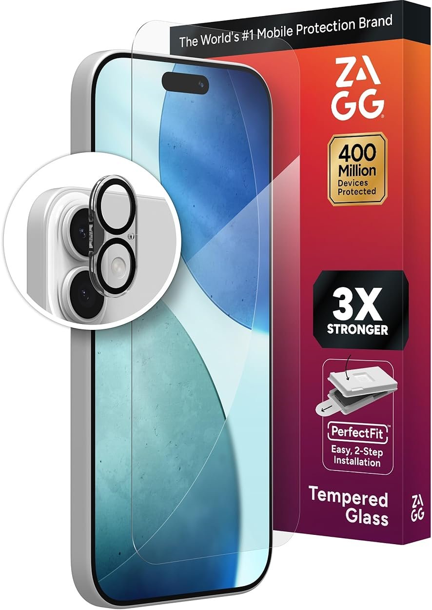 ZAGG Glass+ Screen & Camera Lens Protection for iPhone 17 - Impact & Shatter Protection, Full Coverage Scratch & Smudge-Resistant Tempered Glass, Anti-Reflective Camera Lens Protector - Product Image
