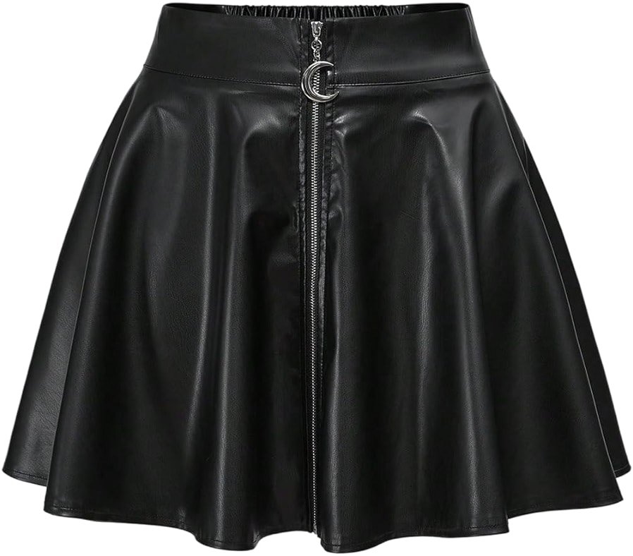 BEAUDRM Women's Leather Mini Skirts Gothic Zipper Ruffle Drop Low Rise A Line Flared Short Skirts Y2k Pleated Skirt - Product Image