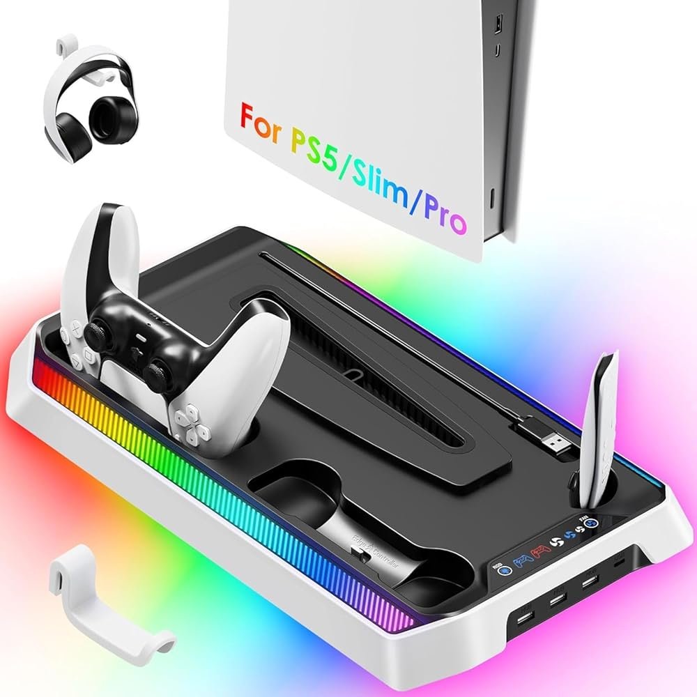 PS5 Cooling Station for PS5/Slim/Pro Disc Digital Console, PS5 Stand Cooling Fan Station with RGB Lights & 3 Level Fan, PS5-Controller Charger, PS5-Accessories with 3 USB Ports, Headset Holder - Product Image