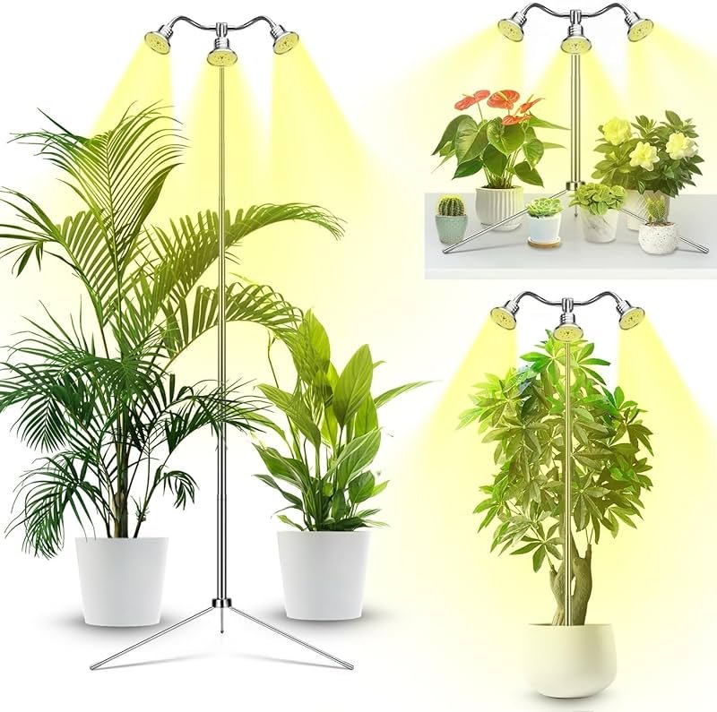 Full Spectrum Grow Lights for Indoor Plants 15-62 Inches Height Adjustable Aluminum Alloy Plant Growing Lamps with Detachable Tripod Stand, Auto On/Off Timer (Full Spectrum, Three Heads) - Product Image