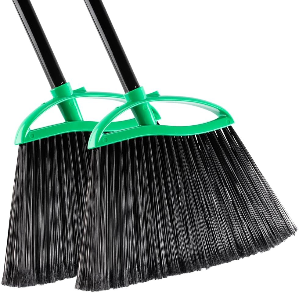 HileSwan 2 Pack Heavy Duty Brooms, 55" Long Handle Indoor Outdoor Angle Broom Set, Household Commercial Floor Cleaning, for Sweeping Home, Kitchen, Deck, Garage, Patio - Green - Product Image