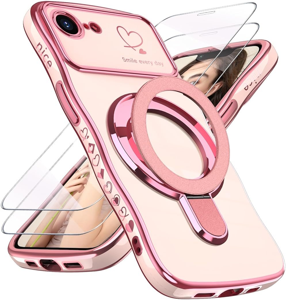 Liufcx for iPhone 17e/16e Case with Screen Protector: Luxury Plated Gold Cute Wavy Edge Love Heart Pattern Kickstand Case, Slim Soft TPU Woman Girls Protection Cover for iPhone 16e/17e (Pink) - Product Image