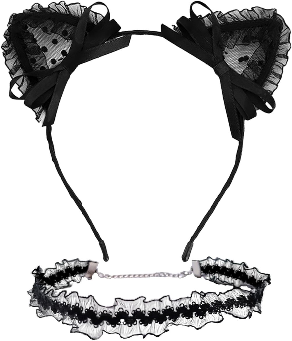 Villorem 2Pcs Black Lace Cat Ear Headband & Collar for Women, Halloween Fancy Dress Cosplay Party Role Play Cats Costume Accessory - Product Image