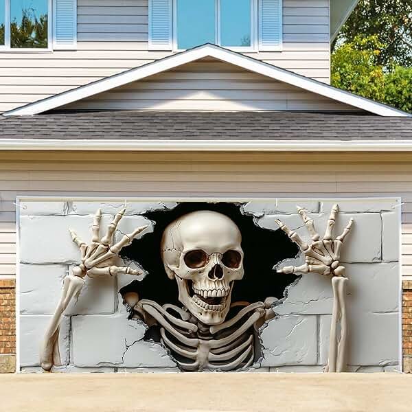 6 x 13 ft Halloween Garage Door Decorations Halloween decorations Witch Door Cover, Hanging Banner, Cauldron Backdrop Mural for Home, Outdoor, Indoor, Spooky Party, Wall, Window (Skull-2, 6 x 13 ft) - Product Image
