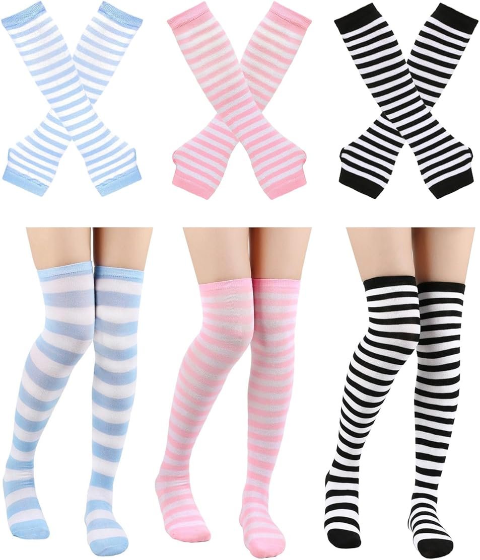 Bycc Bynn 3 Pairs Women Vibrant Striped Knee High Socks & Fingerless Gloves Set - Multi Color Combos, Halloween, Christmas - Product Image