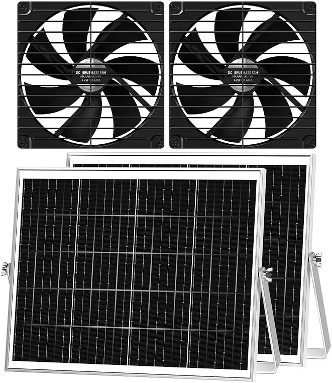 pqins 7.1" Solar Greenhouse Fan 2 Pack, 25W x 2 Large Solar Powered Intake and Exhaust Fan Outdoor Waterproof, 16.5 ft Cord, Strong Airflow for Chicken Coop Circulation and Ventilation, No Battery - Product Image