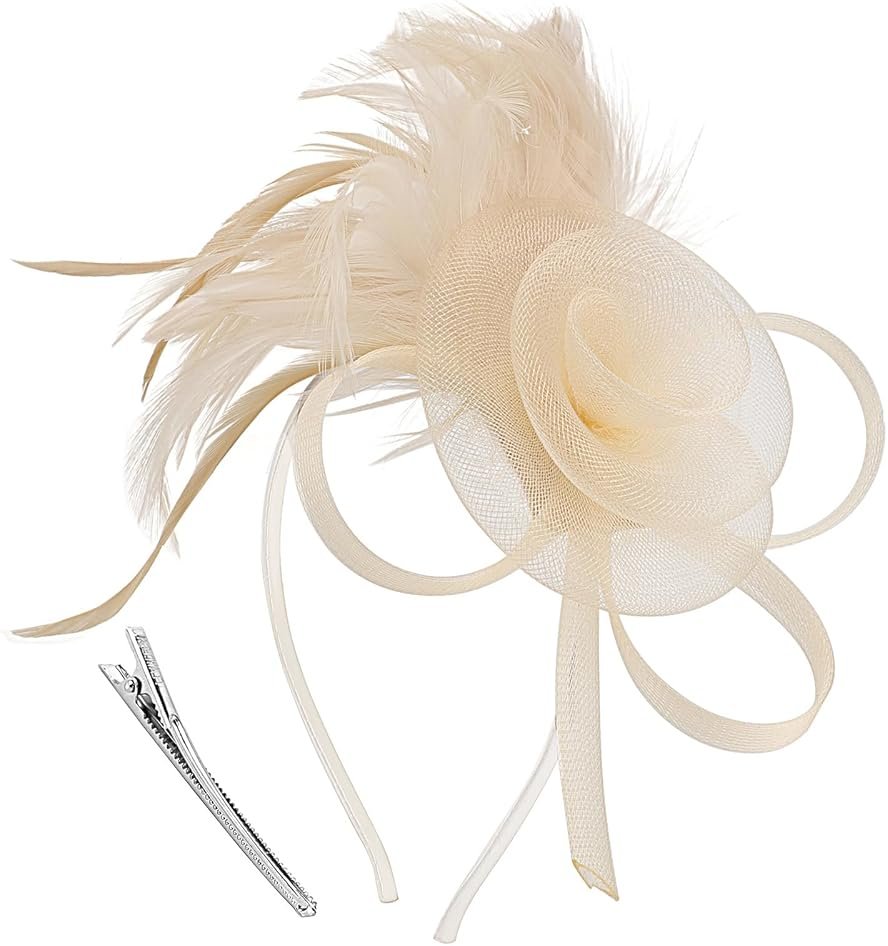 AQOKKA Women Fascinators Hats Flower Mesh Feathers with Headband and Clip Tea Party Headwear for Girls and Women - Product Image