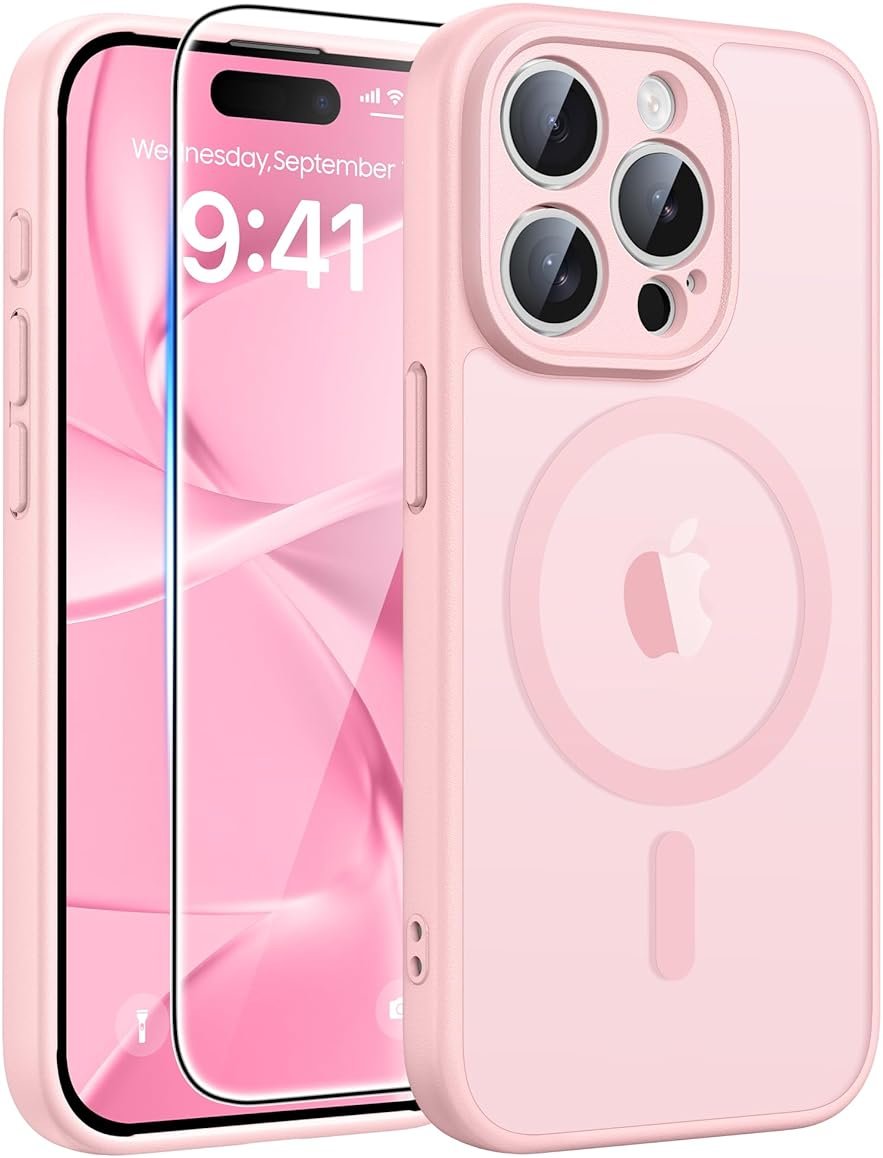 FNTCASE for iPhone 15 Pro Max Case: [Compatible with Magsafe] Translucent Matte Cases with [Full Camera Protection] [Screen Protector] Military Grade Shockproof Protective Phone Cover - Light Pink - Product Image