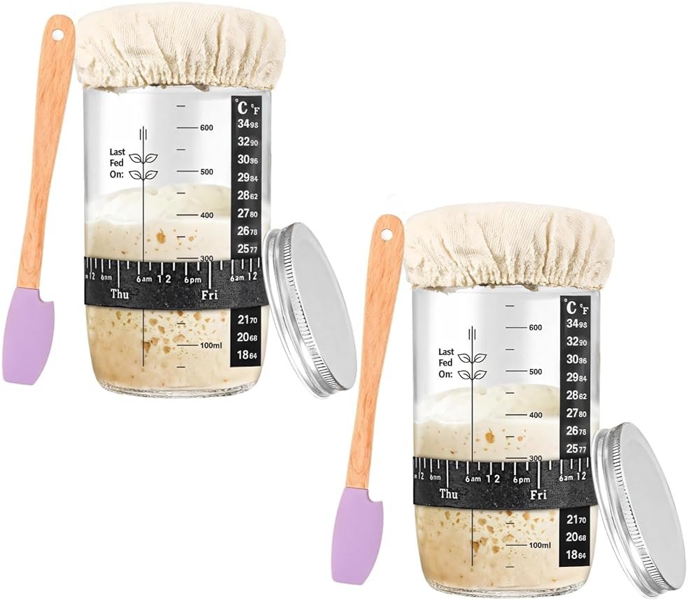 Sourdough Fermentation Starter Kit – 34Oz Glass Jars With Thermometers, Scrapers, Date Bands, Lids & Cloth Covers - Product Image