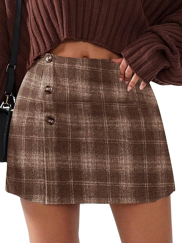 EXLURA Womens Faux Wool Plaid Mini Skirt Elastic High Waisted Tweed Skirts Button Bodycon Skirt Fall Winter Outfit Pocket - Product Image
