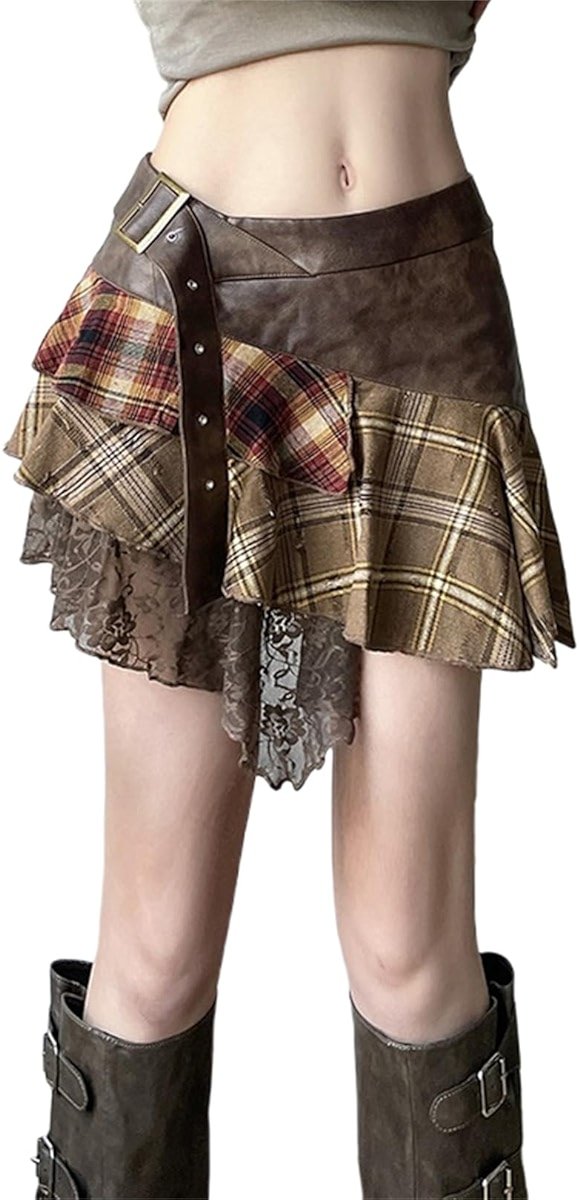 Inpunktoo Goth Plaid Mini Skirt Women Y2k Asymmetrical Fairy A Line Punk Tiered Emo - Product Image