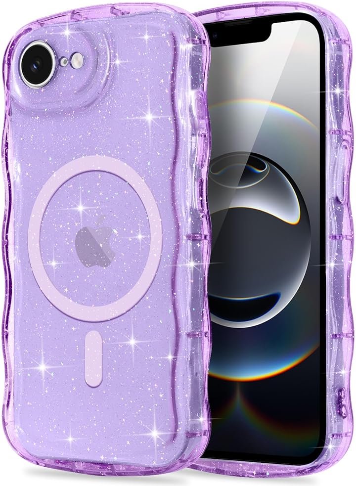 Pepmune Magnetic for iPhone 17e/16e Case Clear, Sparkly Bling Glitter Cute Curly Wave Transparent Cover for Women Girls Compatible with MagSafe TPU Shockproof Phone Case for iPhone 16e/17e, Purple - Product Image