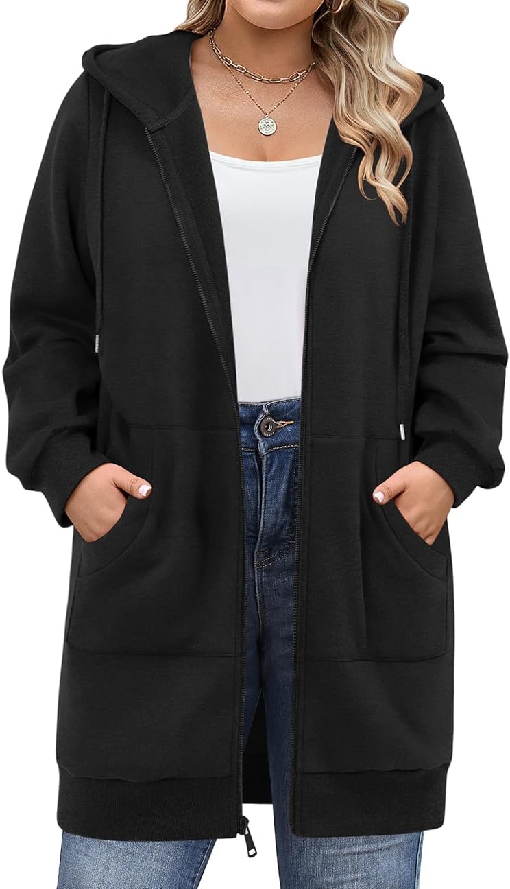 IN'VOLAND Women Plus Size Zip Up Hoodies Long Sleeve Tunic Sweatshirt Long Fleece Hoodie Jacket with Pockets - Product Image