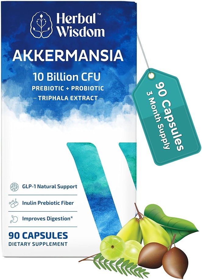 Herbal Wisdom Akkermansia Probiotic 10 Billion CFU - Advanced GLP-1 Support, Probiotic+Prebiotic | for Gut & Metabolism Support - No Bloating | with Inulin & Triphala | (90 Capsules - 3 Month Supply) - Product Image