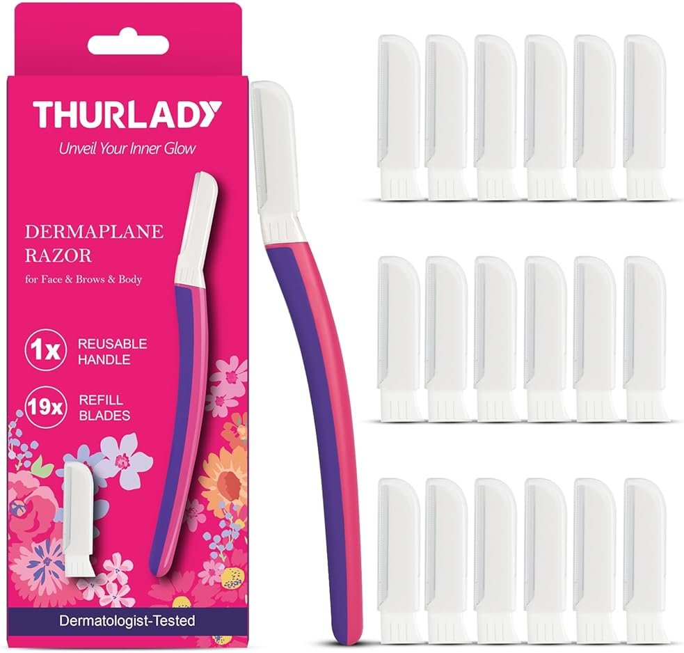 THURLADY Dermaplane Razor, Dermaplaning Tool with Microblades for Face | Eyebrow and Face Razors for Women, Exfoliating Facial Razor for Sensitive Skin, 1 Handle with 19 Refills, Fuchsia - Product Image