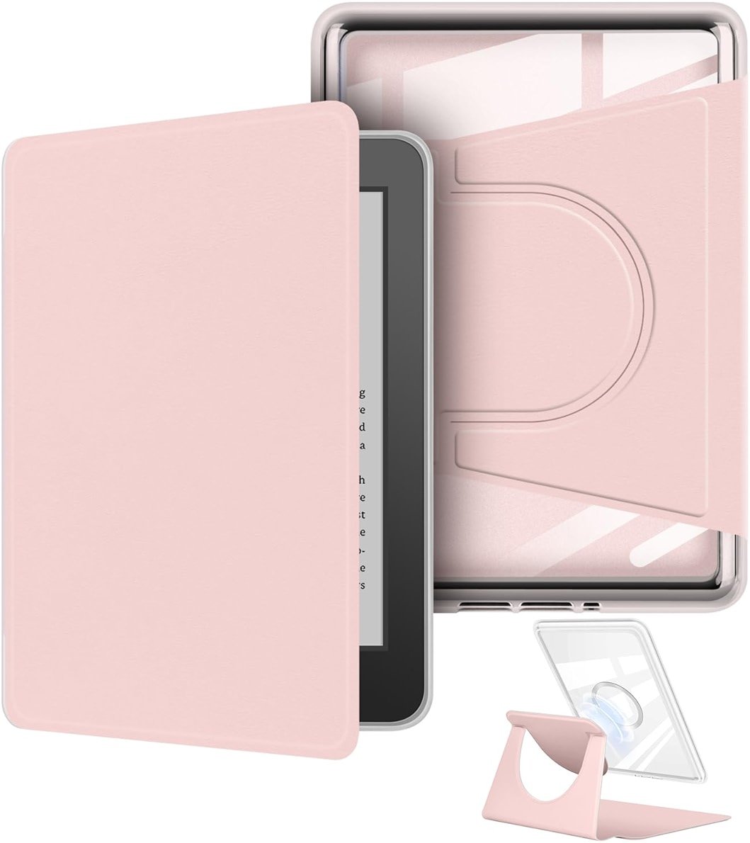 360 Degree Rotating Case for 6.8" Kindle Paperwhite (11th Generation-2021 Release), Detachable Magnetic Design Protective Adjustable Stand Cover Clear Back with Auto Sleep/Wake, Pink - Product Image