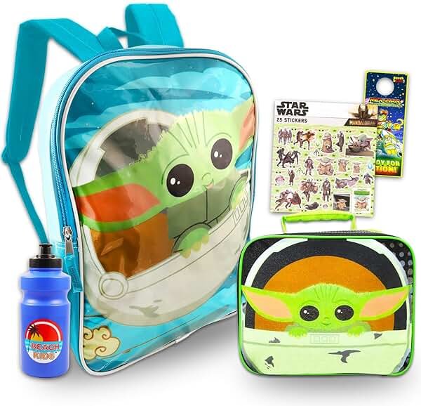 STAR WARS Baby Yoda Backpack and Lunch Box Set - Bundle with 15" Grogu School Bag, Insulated Lunch Bag, Water Bottle, Stickers, More | Mandalorian School Backpack for Kids - Product Image