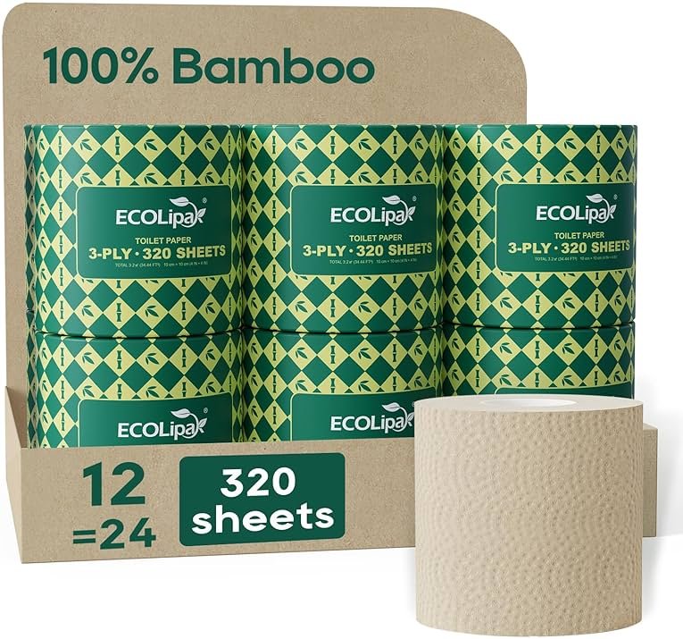 ECOLipak Bamboo Toilet Paper 3 Ply, Septic Safe Toilet Tissue, 12 Double Rolls, 320 Sheets Per Roll, Tree Free, Non Toxic, Soft and Absorbent, Eco Friendly Dye-Free Paper, Brown - Product Image