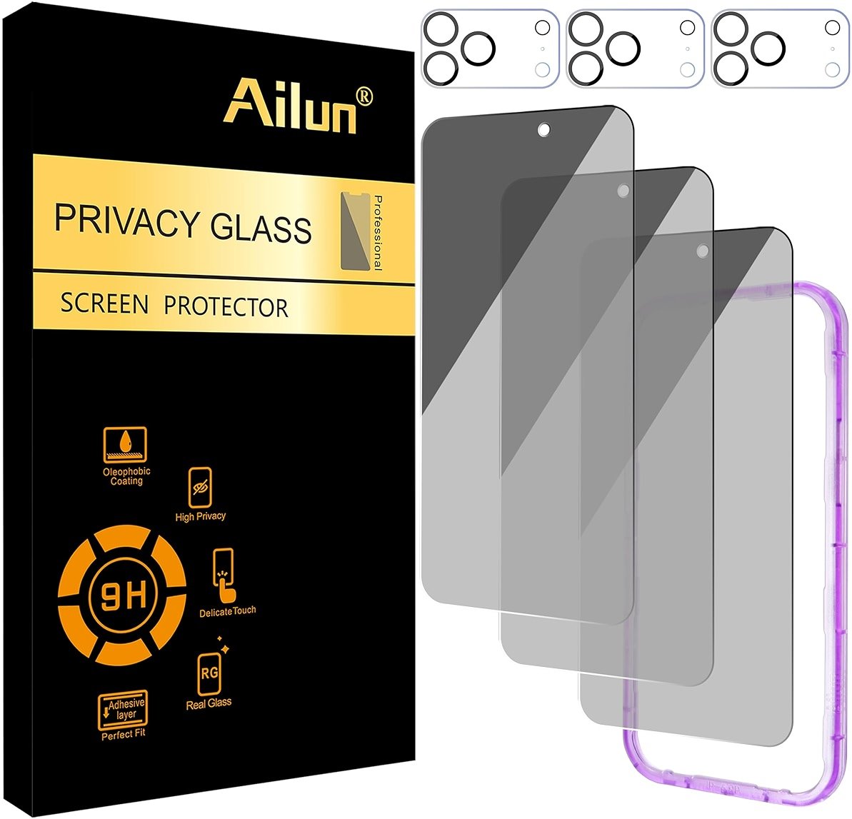 Ailun 3 Pack for iPhone 17 Pro Max Privacy Screen Protector [6.9 inch]+ 3 Pack Camera Lens Protector with Installation Frame,Dynamic Island Compatible,Anti Spy Tempered Glass[9H Hardness]-HD - Product Image
