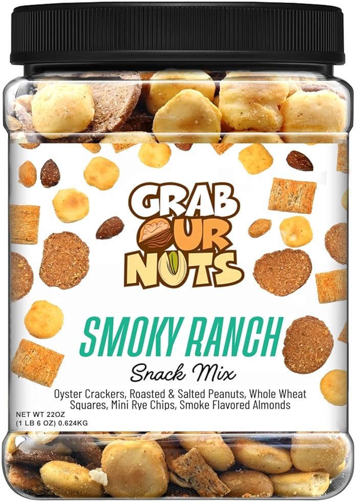 Grab Our Nuts Smoky Ranch Snack Mix 32 Oz Jar - Oyster Crackers, Roasted Peanuts, Whole Wheat Squares, Mini Rye Worcestershire Bagel Chips, Smoke Flavored Almonds - Product Image
