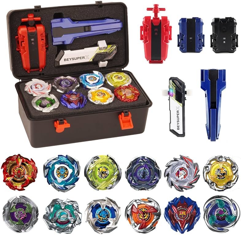 Battling Burst Gyro Toy Set Gift 12 Burst Spinning Tops 2 Two Way Launchers Grip Starter for Boys Children Kids 6 8 10 12+ Battle Game with Portable Box - Product Image