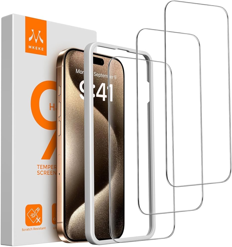 Mkeke 3 Pack Screen Protector for iPhone 15 Pro Max 6.7", [9H+ Tempered Glass] [Easy Installation Frame] [Military-Grade Drop Protection] HD Clear, Anti-Scratch, Bubble Free - Product Image