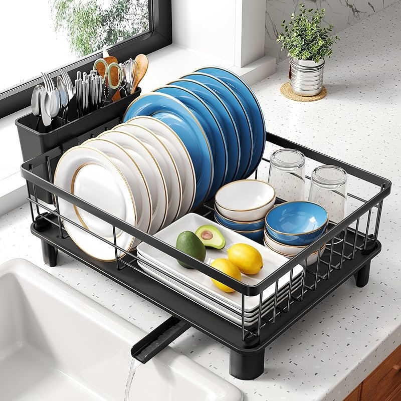 SNTD Dish Drying Rack - Space-Saving Dish Rack for Kitchen Counter, Stainless Steel Dish Drainer with Utensil Holder and Drainboard, 11" W x 15" L (Black) - Product Image