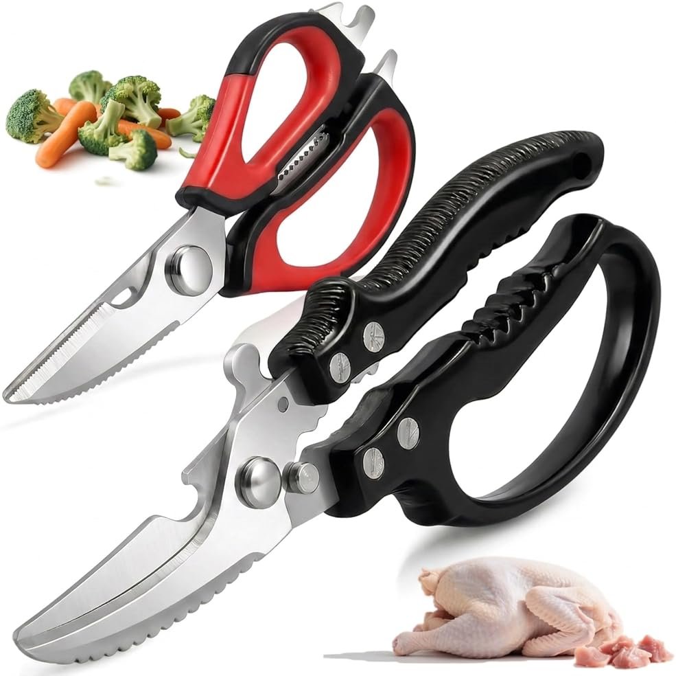 Flioriel 2-Pack Heavy Duty Kitchen Shears - Ultra Sharp All Purpose Food Scissors for Cutting Chicken Bones, Meat & Vegetables, Multi-Function Stainless Steel Cooking Shears (Black & Red) - Product Image