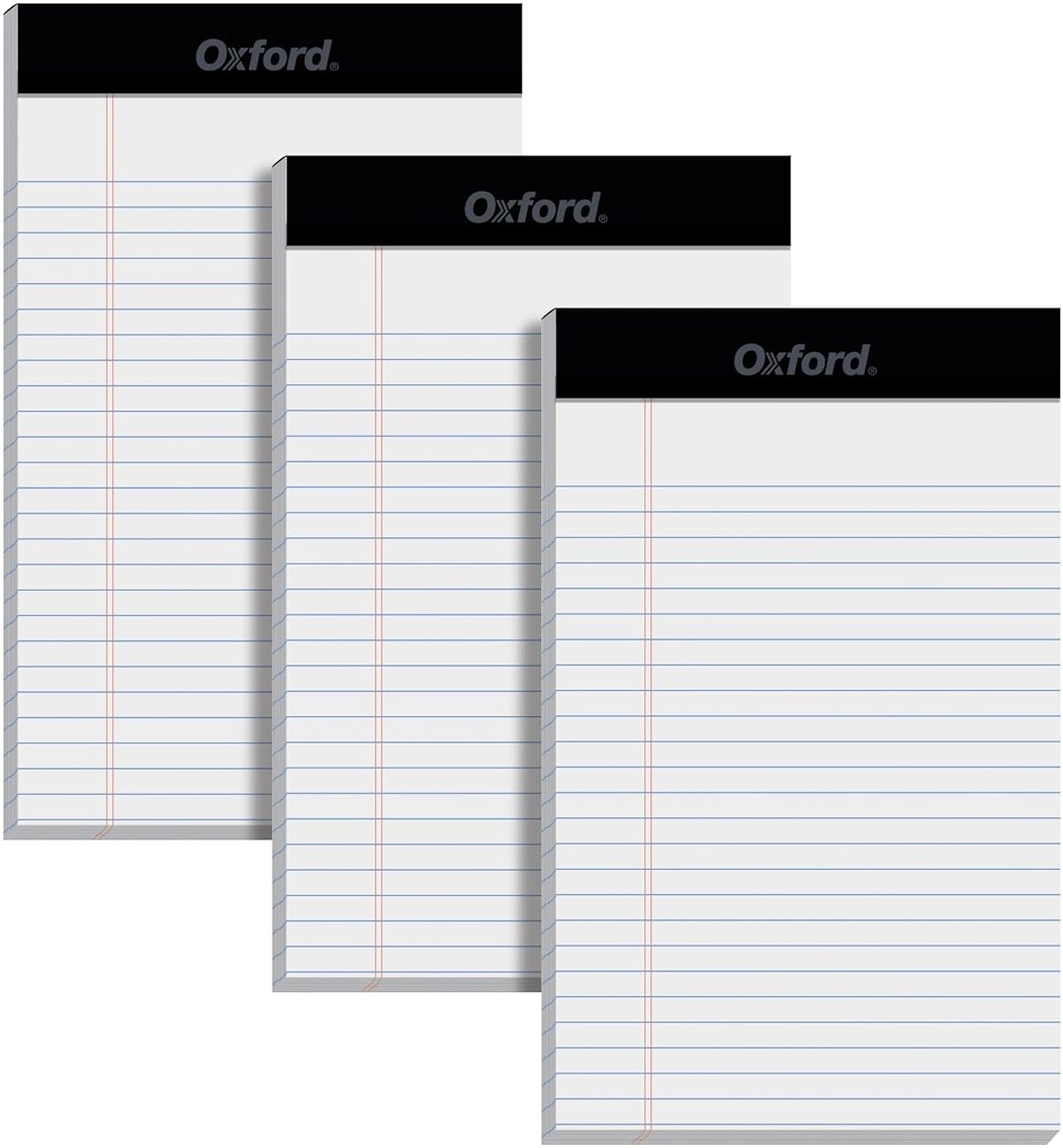 Oxford 5 x 8 Inch Legal Pads, 3 Pack, Narrow Ruled on Both Sides, White Lined Paper, 50 Perforated Sheets Per Writing Pad, Proudly Made in the USA (1017034) - Product Image