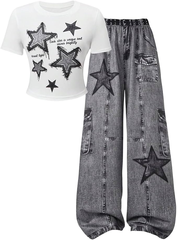 SOLY HUX Girl's Y2k Clothes Star Graphic Crop Top and Baggy Pants Grunge 2 Piece Outfit Streetwear - Product Image