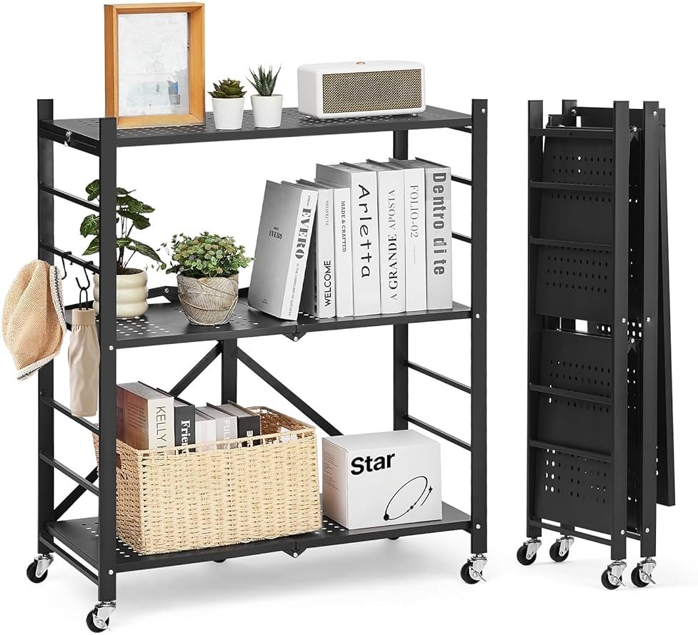 VEVOR 3-Tier Foldable Storage Shelf, 30W x 13D x 36H Inch Folding Metal Rack Shelving Unit, No Assembly Organizer Shelf with 5 Wheels & 4 Hooks for Pantry, Kitchen, Garage, Basement, Black - Product Image