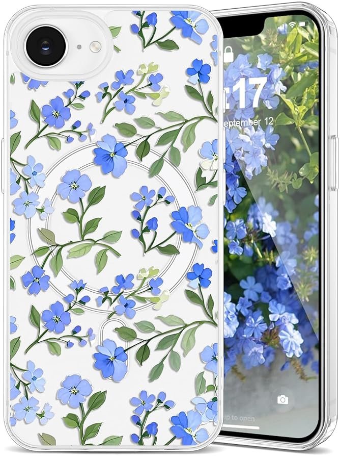 EYZUTAK Magnetic for iPhone 17e/iPhone 16e Case Flower Case Compatible with MagSafe, Pretty Floral Stylish Aesthetic Phone Cover Slim Clear Anti-Yellowing Protective Cover for Girls Women - Blue - Product Image