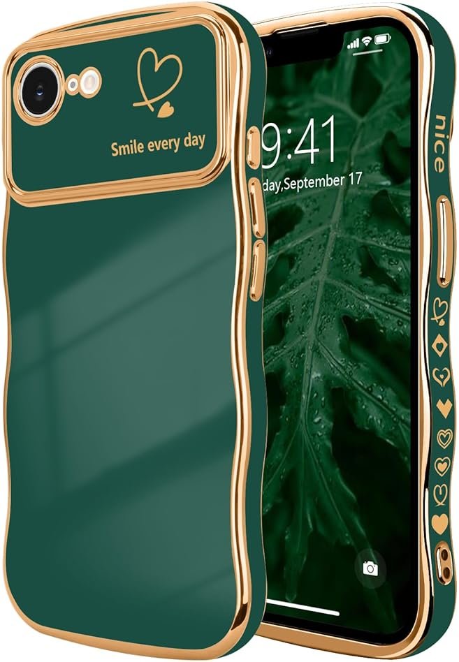 LCHULLE for iPhone 16e Case for iPhone 17e Case for Women Girls, Cute Wave Frame Curly Shape with Love Heart Camera Protection Luxury Plating Shockproof Phone Cover for iPhone 16e/17e, Dark Green - Product Image