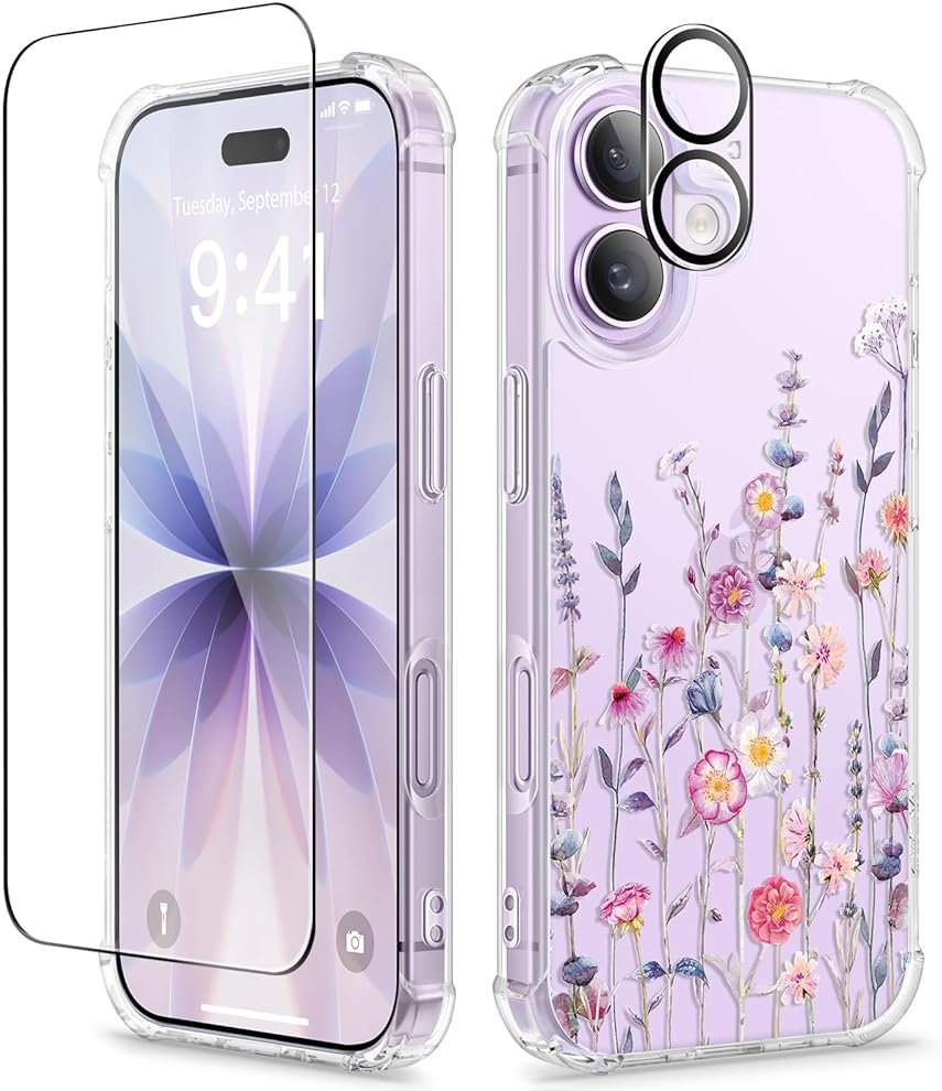 GVIEWIN for iPhone 17 Case, with Screen Protector+Camera Lens Protector, [NonYellowing] Clear Floral Slim Shockproof Protective Hard PC Back Women Phone Case for iPhone 17 6.3", Floratopia/Colorful - Product Image