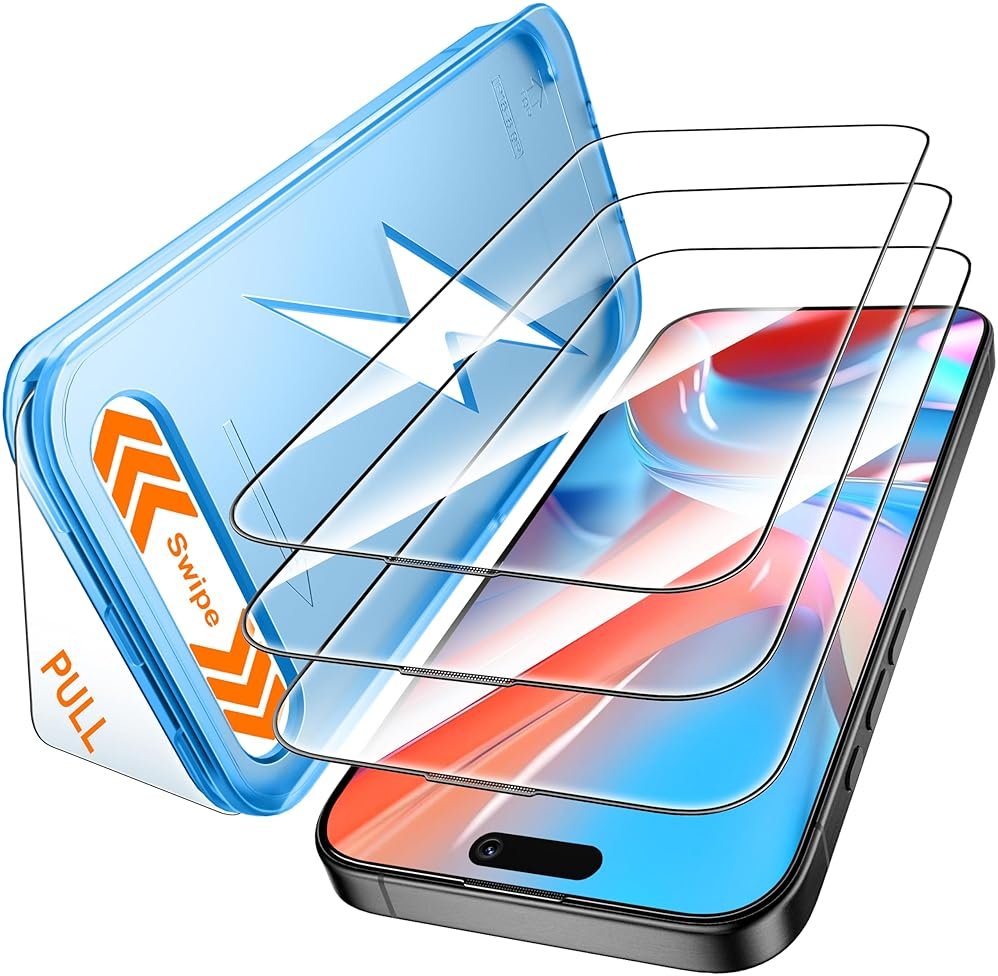 Mkeke for iPhone 15 Pro Max Screen Protector 3 Pack, [9H+ Hardness] [Military-Grade Drop Protection] [Sensitive Touch] [Easy Installation] [HD Clear] Full Edge Coverage Tempered Glass - Product Image