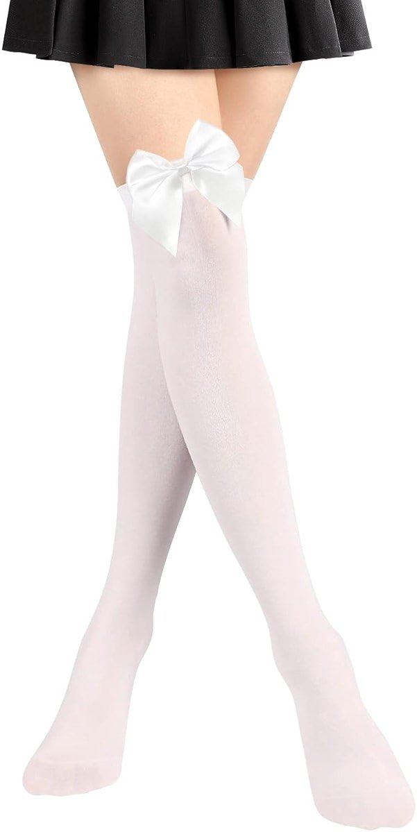 NONSOMPLE Women’s Satin Red Bow Thigh High Stockings White Silk Over Knee Long Socks for Costume - Product Image