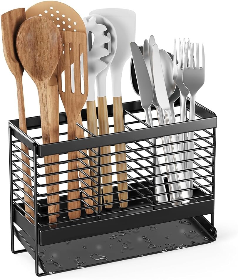 IWNTWY Utensil Holder, Upgrade Stainless Steel Utensil Drying Rack with Automatic Drain Tray for Kitchen Counter, Silverware Cutlery Organizer for Spoons, Forks, Knifes, Chopsticks (Black) - Product Image